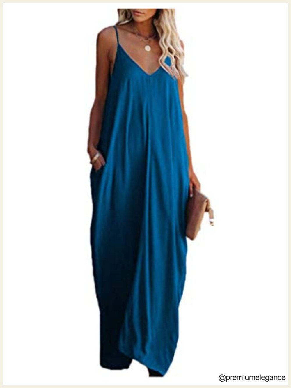 Casual Strappy V Neck Sleeveless Flowy Pockets Loose Long Maxi Beach Dress